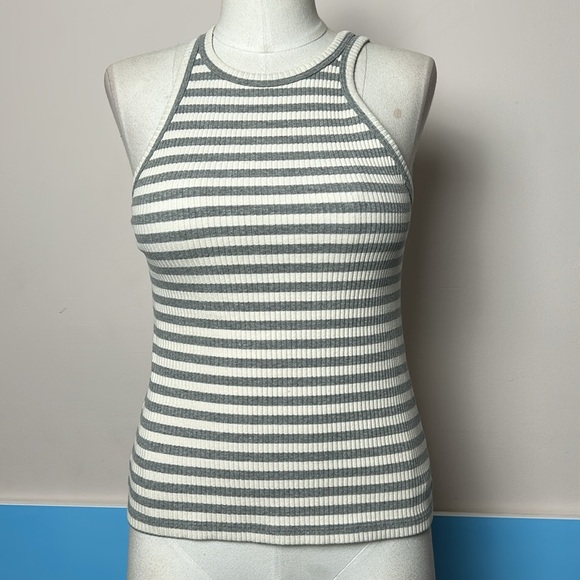 Theory Ribbed Gray and off white  Striped Racer Tank size Small - Picture 1 of 10